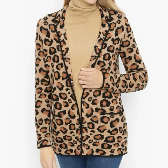 Talbots Open Front Cardigan Sweater Leopard Print Size Large Petite Wool Blend - Picture 2 of 8